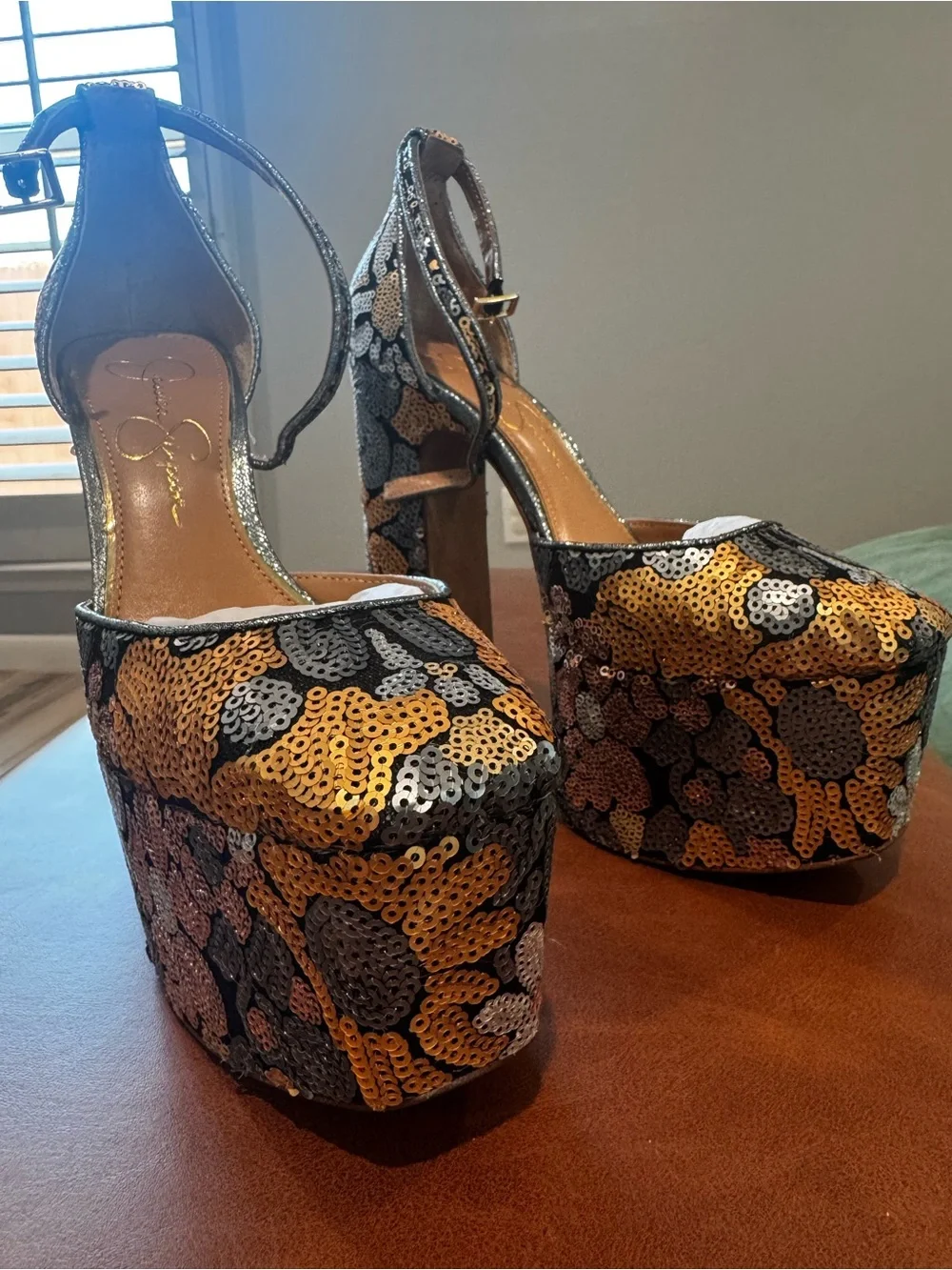 Jessica Simpson Gold & Black Sequin Platform Heels